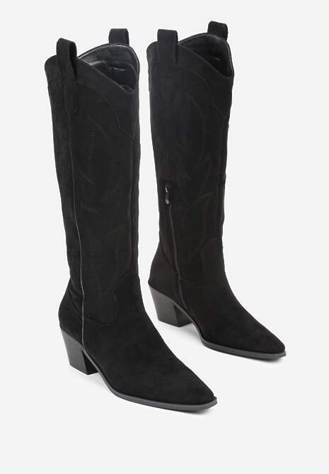 Czarne Haftowane Kozaki Kowbojki na Stożkowym Obcasie Galianna