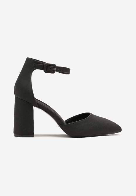 Czarne Czółenka na Słupkowym Obcasie Ozdobione Brokatem Zapinane na Klamerkę Jenneira