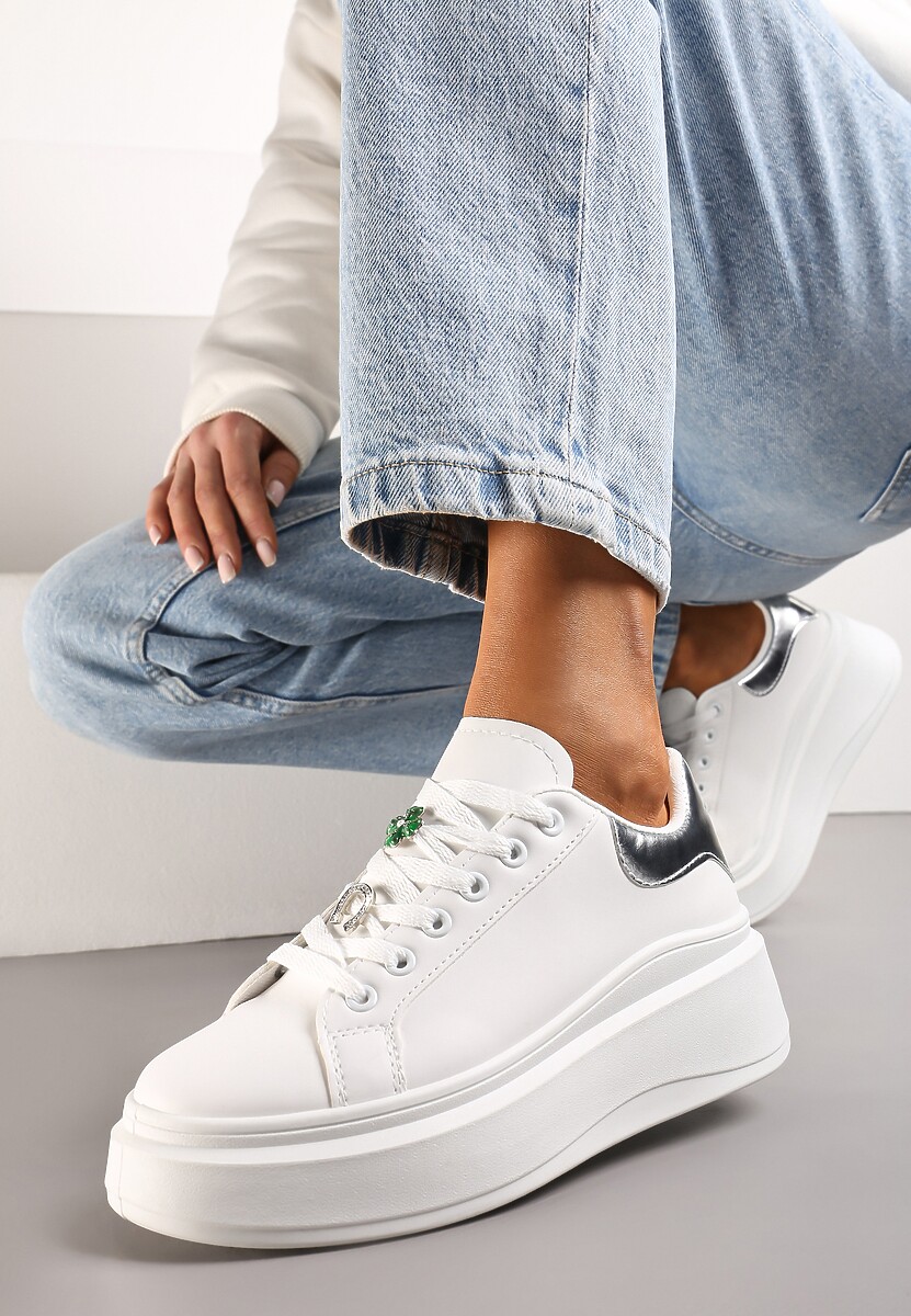 Biało-Złote Sneakersy Ozdobione Cyrkoniami i Kwiatami na Grubej Podeszwie Rainasse