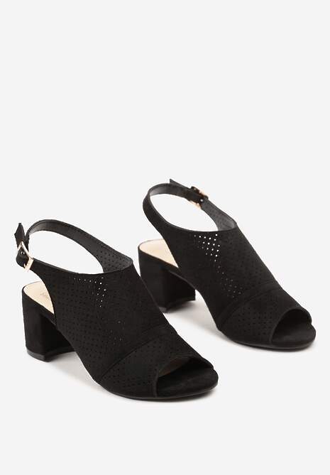 Czarne Sandały na Słupku Peep Toe z Ażurowym Zdobieniem Tavia