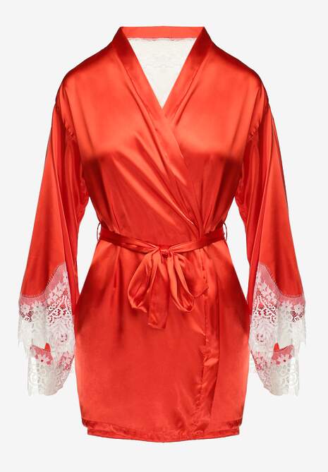 Czerwony Satynowy Szlafrok z Koronką i Wiązanym Paskiem Pascalle
