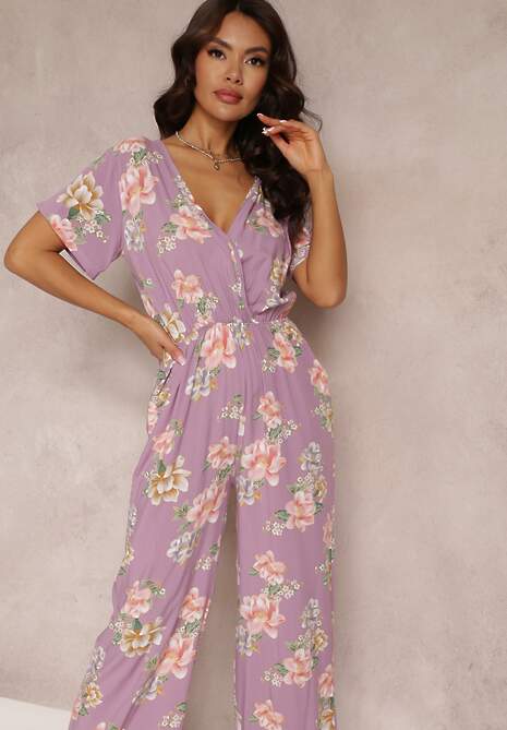 Różowy Kopertowy Kombinezon w Kwiaty z Gumką w Talii  Jazila