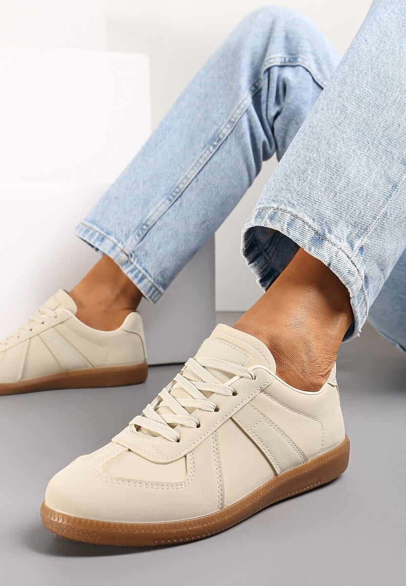 Beżowe Sznurowane Sneakersy z Imitacji Skóry na Płaskiej Podeszwie Glezoma