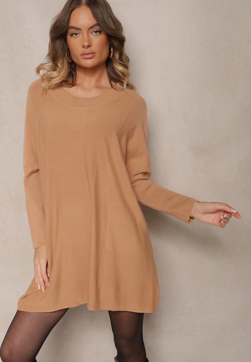 Beżowa Sukienka z Dzianiny z Modalem i Wiskozą ze Ściągaczem przy Dekolcie Zinralith