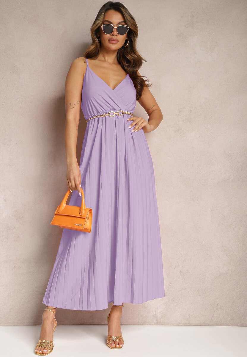 Fioletowa Długa Sukienka Kopertowa o Rozkloszowanym Kroju na Ramiączkach Kaemera