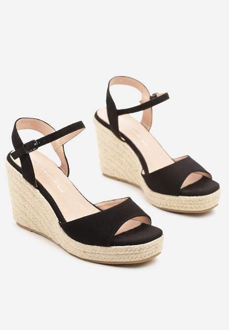 Czarne Sandały na Koturnie z Plecionką i Skórzaną Wkładką  w Stylu Boho Novalea