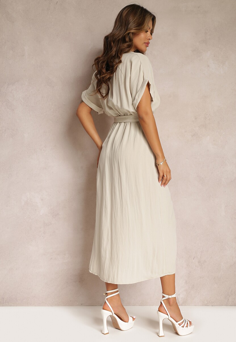 Jasnobeżowa Wiskozowa Sukienka Midi w Koszulowym Stylu z Gumką w Talii Paislli