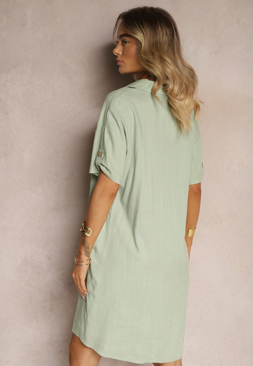 Zielona Bawełniana Sukienka o Pudełkowym Kroju z Rękawami z Regulacją Elonea