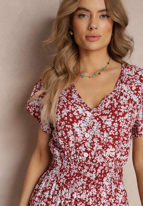 Czerwona Bawełniana Sukienka z Guzikami Przy Dekolcie i Gumką w Pasie Grasita