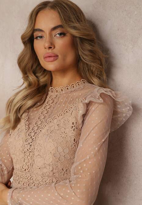 Beżowa Sukienka z Koronką i Tiulem Welvia