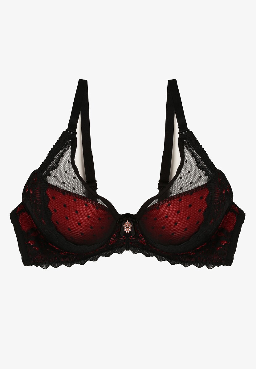 Czarno-Czerwony Usztywniany Biustonosz Full Cup z Subtelną Koronką Serumka