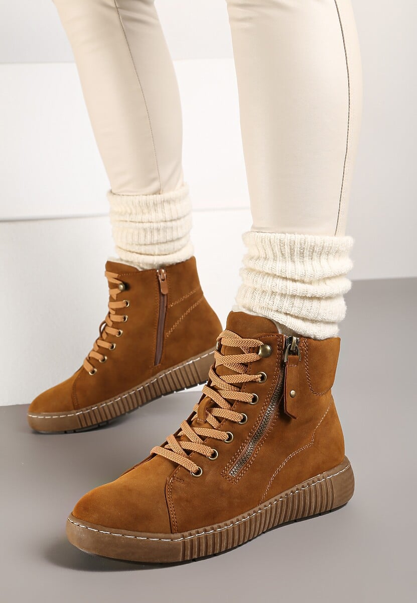 Brązowe Traperki Sportowe ze Sznurowaniem i Ociepleniem Persetina