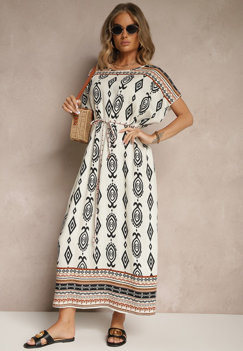 Biała Wiskozowa Sukienka o Pudełkowym Kroju w Etniczny Print Miriliana