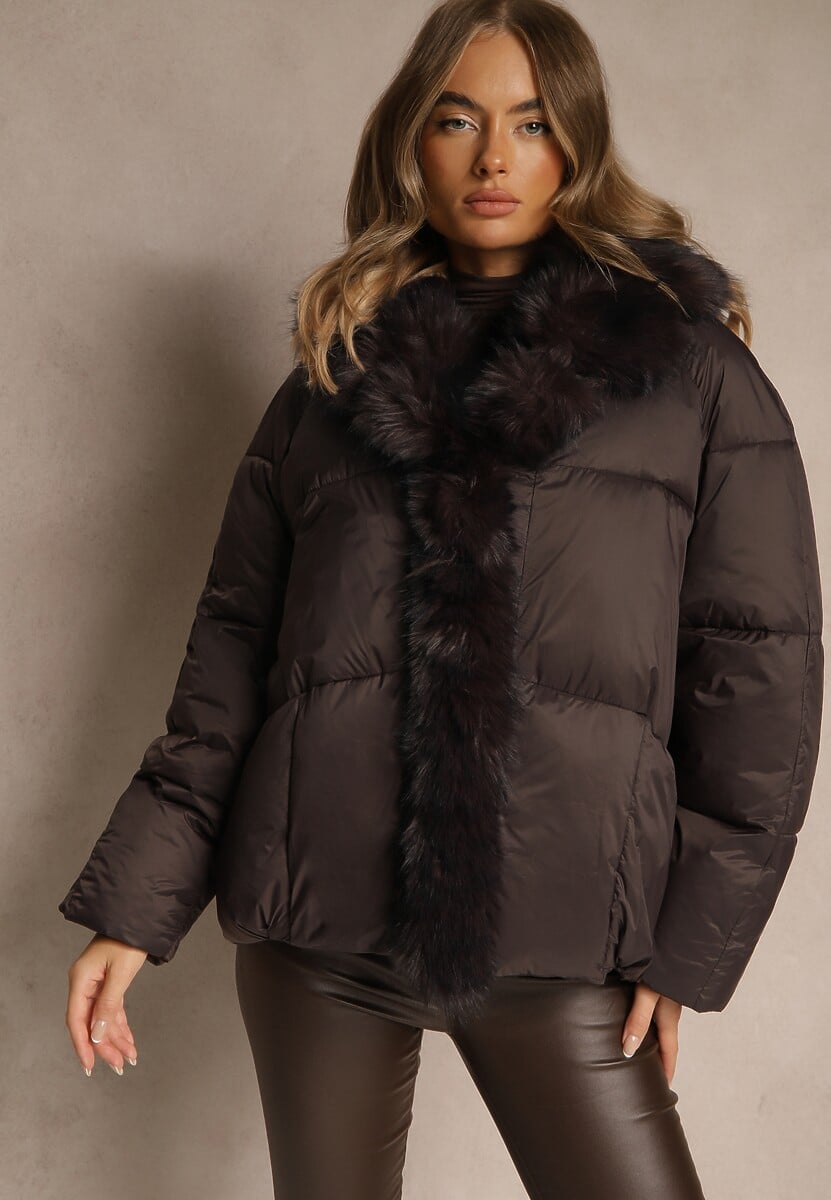 Brązowa Oversizowa Kurtka z Pikowanymi Przeszyciami i Futrem Silvitila