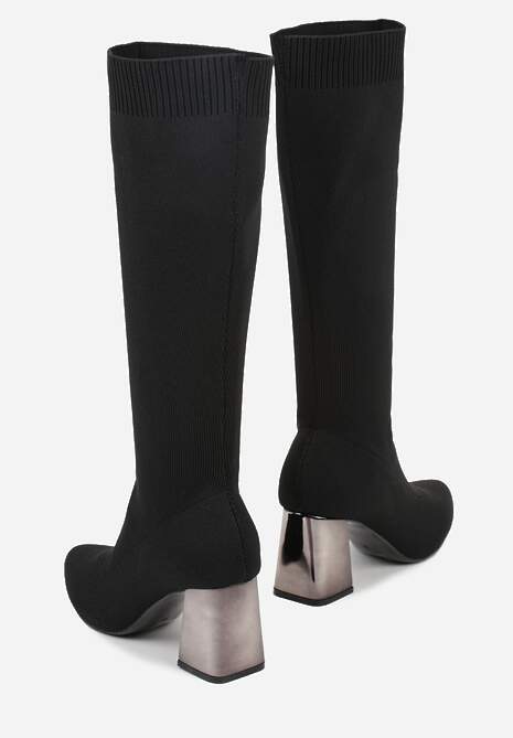 Czarne Eleganckie Kozaki VICES na Metalicznym Obcasie ze Skarpetkową Cholewką Nalaina