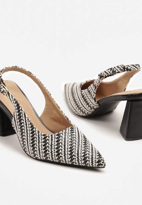 Czarne Tweedowe Sandały Slingback na Słupkowym Obcasie Taslia