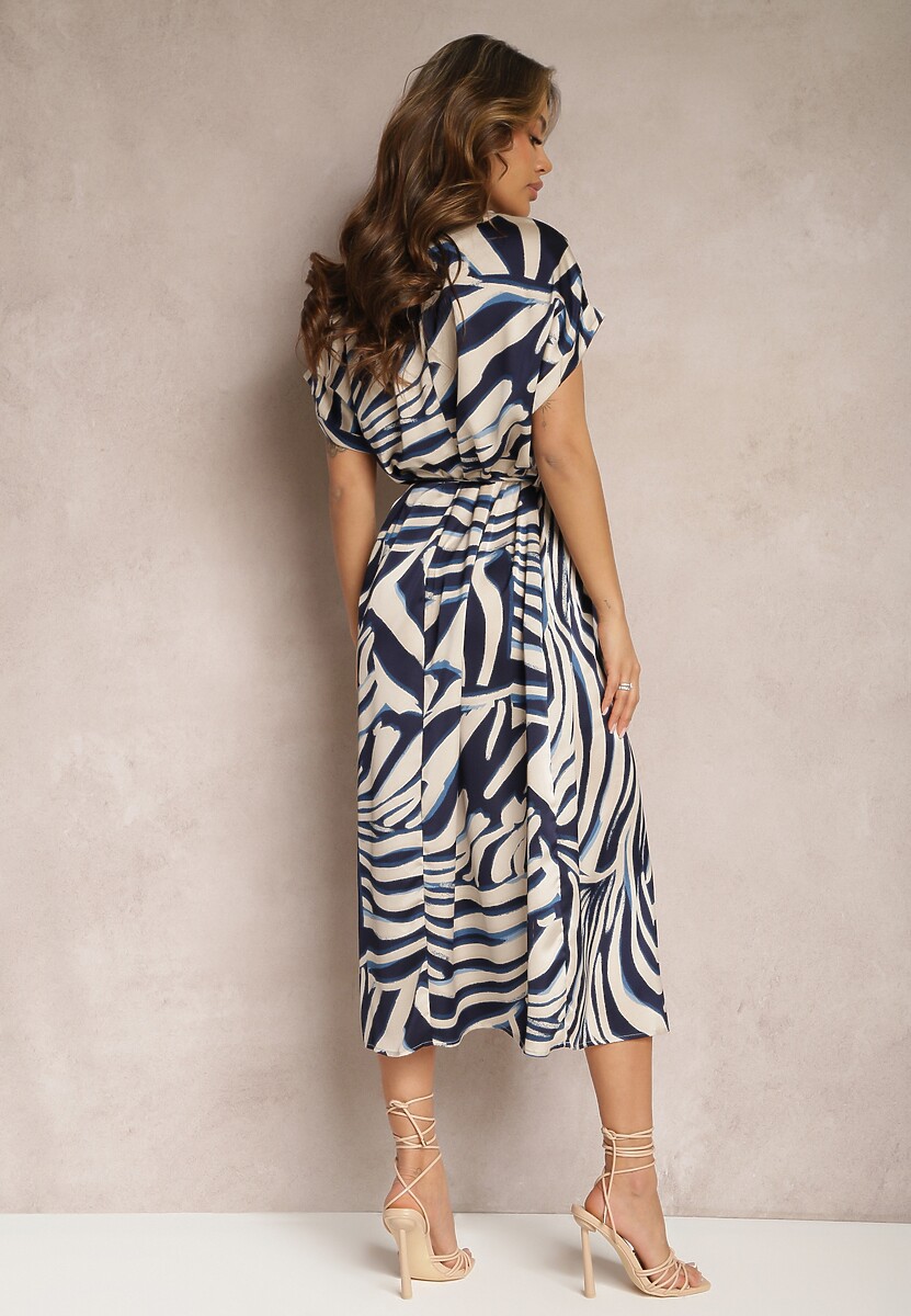 Beżowo-Granatowa Midi Sukienka Pudełkowa w Animal Print z Paskiem Avula