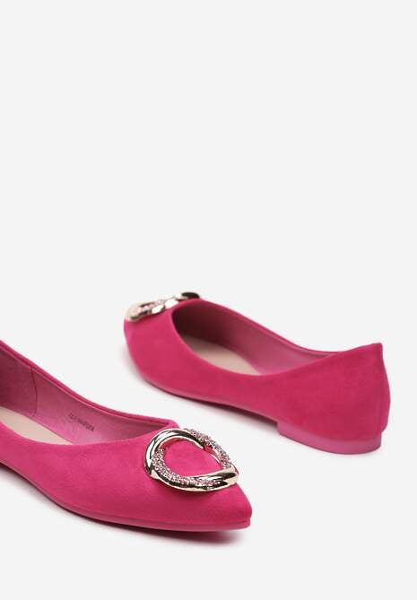 Fuksjowe Balerinki na Płaskiej Podeszwie z Metalową Aplikacją Ozdobioną Cyrkonami Frapapia