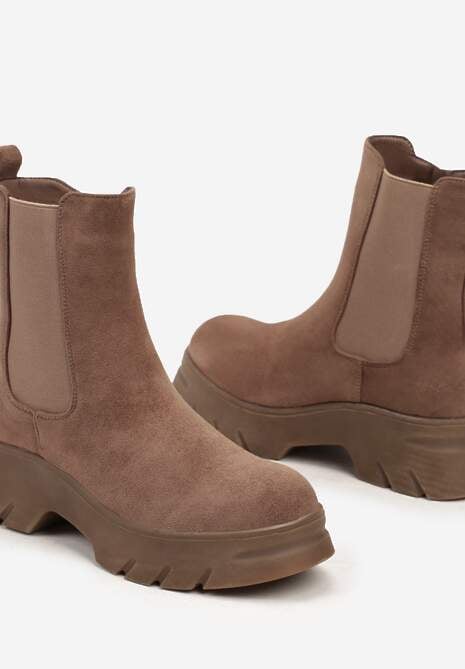 Ciemnobeżowe Botki Sztyblety na Platformie z Elastyczną Cholewką Mavita