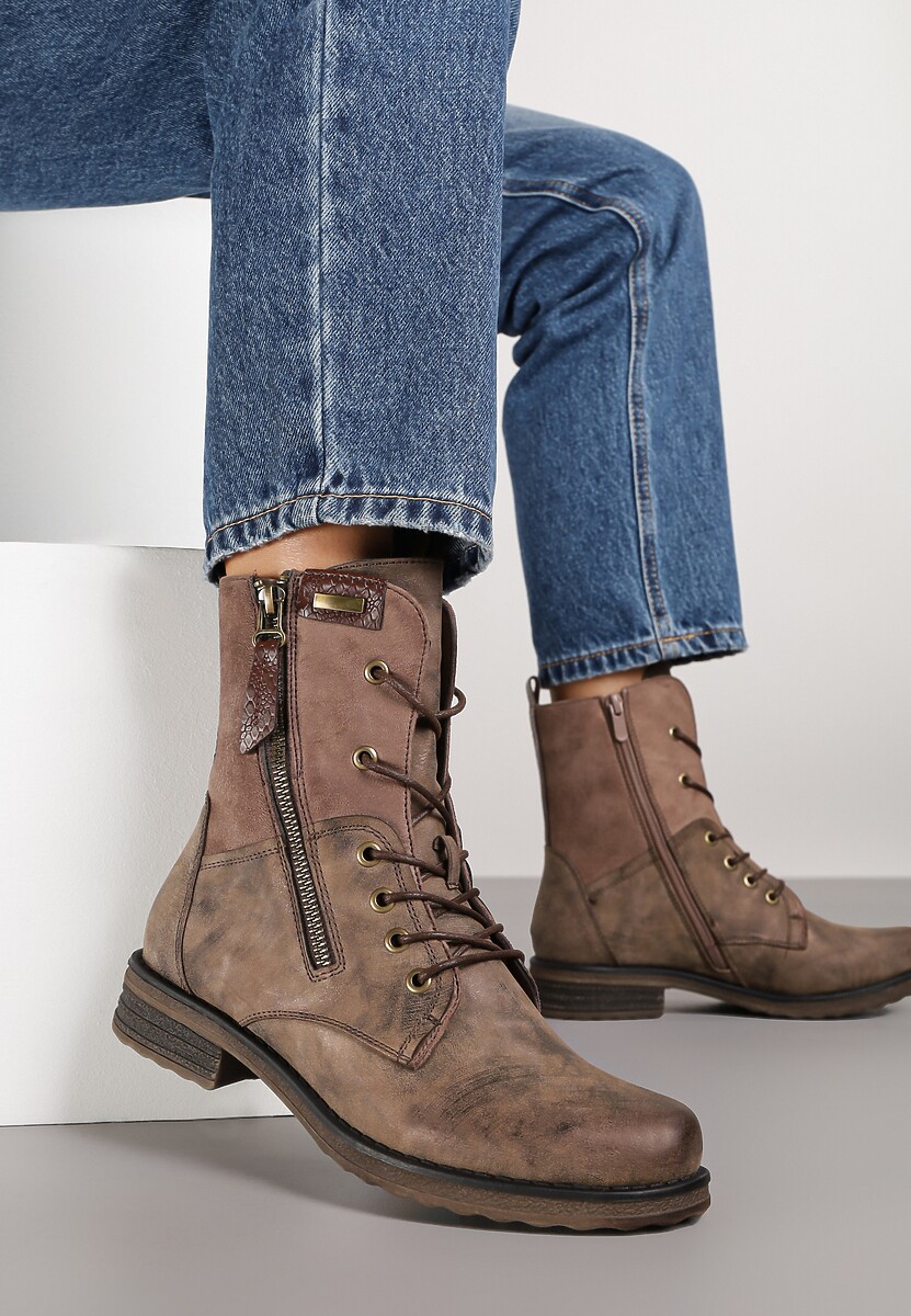 Brązowe Botki w Stylu Vintage ze Sznurowaniem Vemlora