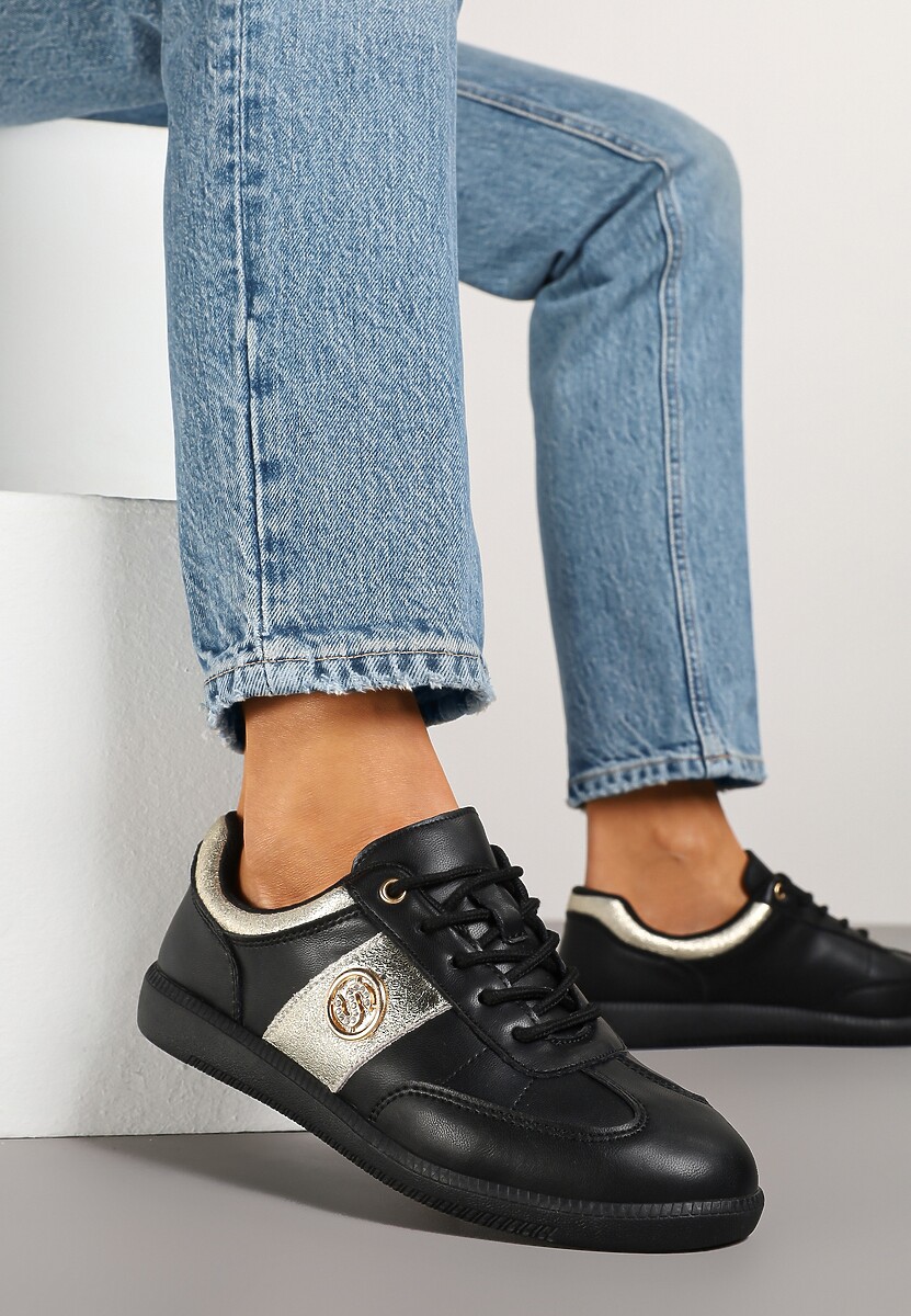 Czarno-Złote Sneakersy Skórzane Typu Kultowe Tenisówki z Metaliczną Aplikacją Ollisena