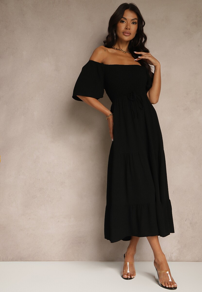 Ciemnozielona Wiskozowa Sukienka z Lnem o Rozkloszowanym Kroju Koloreia