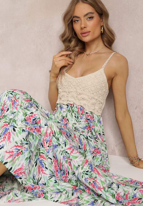 Zielona Kwiecista Sukienka Maxi z Szydełkową Górą i Cienkimi Ramiączkami z Wiskozy Zanidora