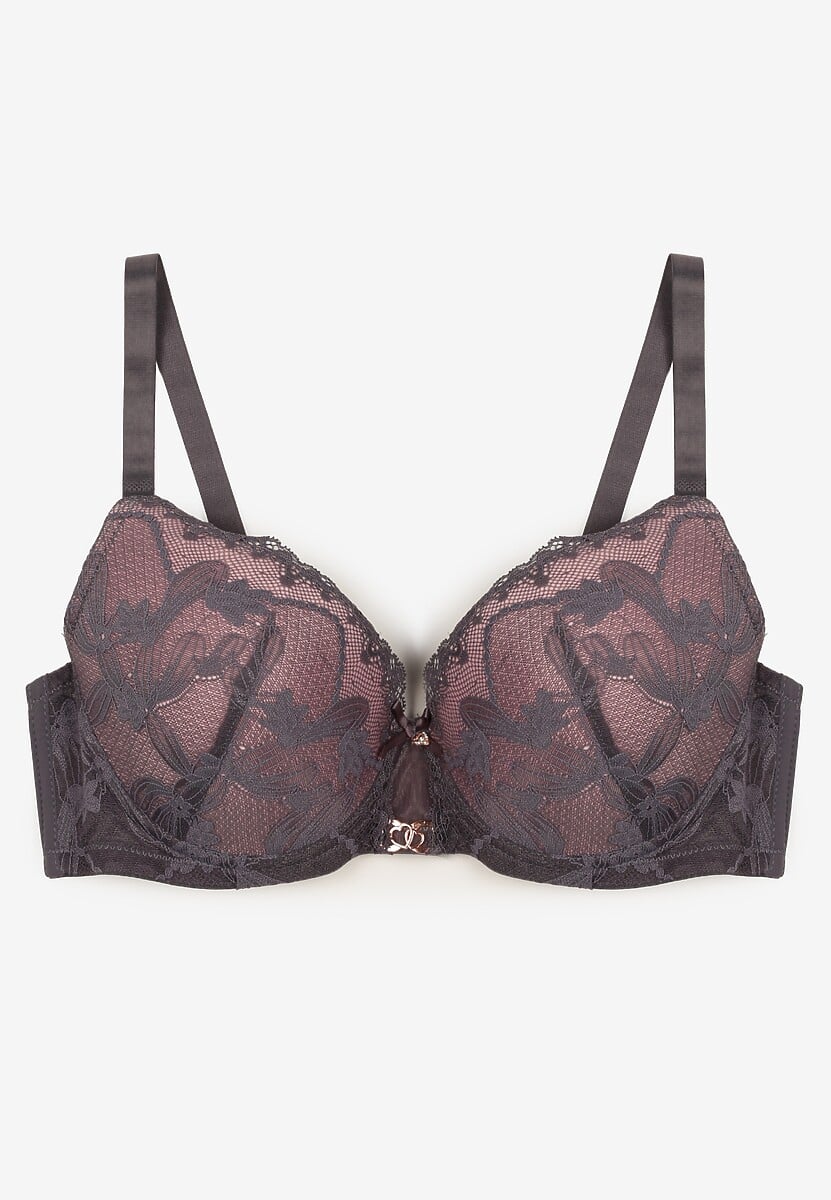 Szaro-Różowy Koronkowy Biustonosz z Metaliczną Aplikacją Dorzedi