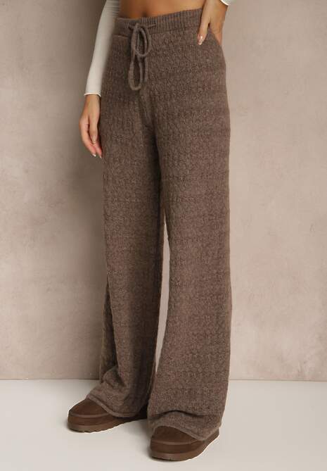 Brązowe Spodnie Wide Leg z Dzianiny z Dodatkiem Wełny i Wiskozy Tiesania