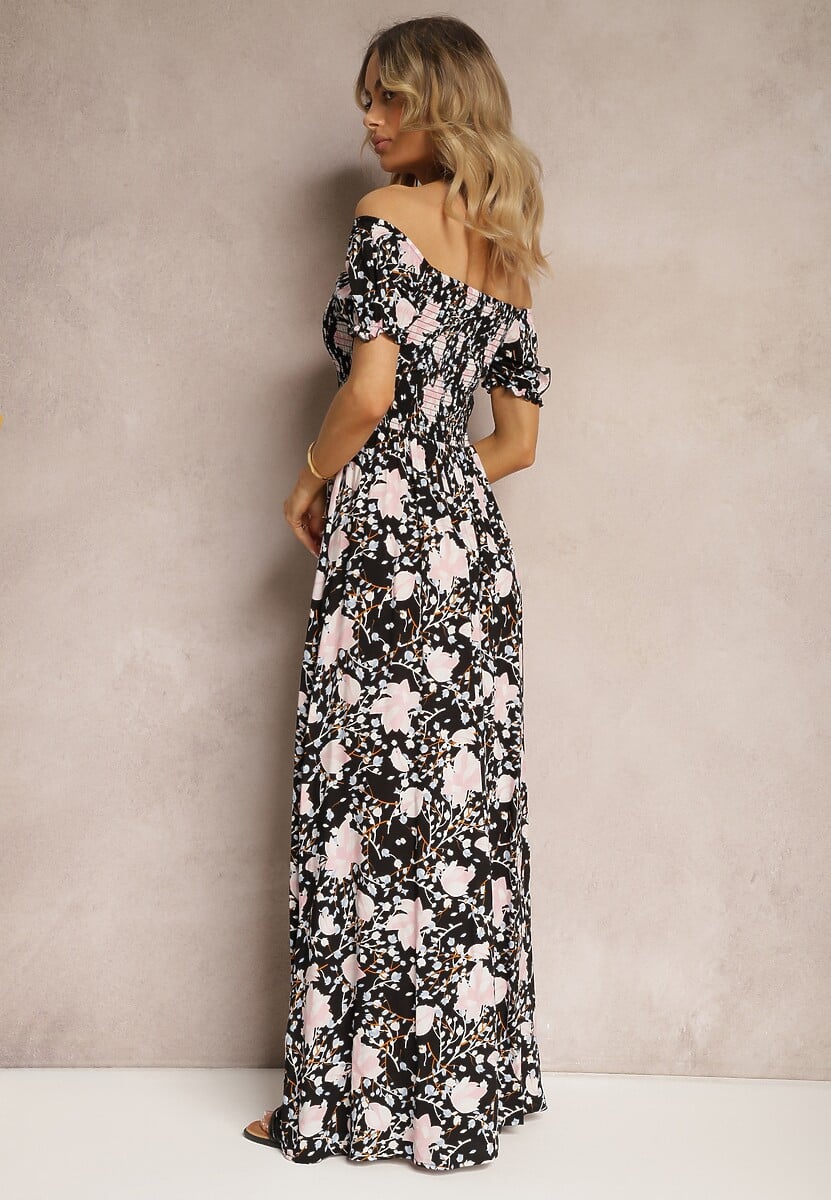 Czarno-Biała Kwiecista Sukienka o Rozkloszowanym Kroju z Marszczoną Górą Eliseria