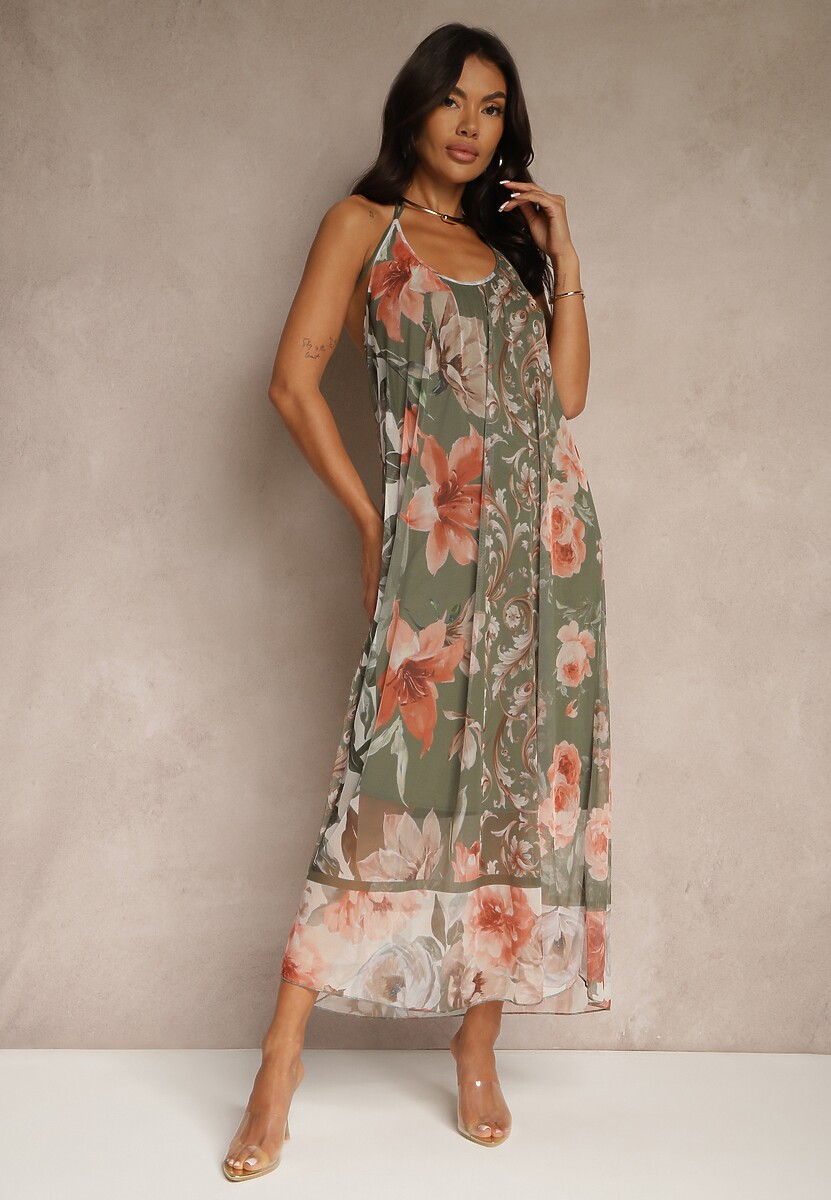 Różowa Kwiatowa Sukienka Siateczkowa z Wiskozą Izurelia