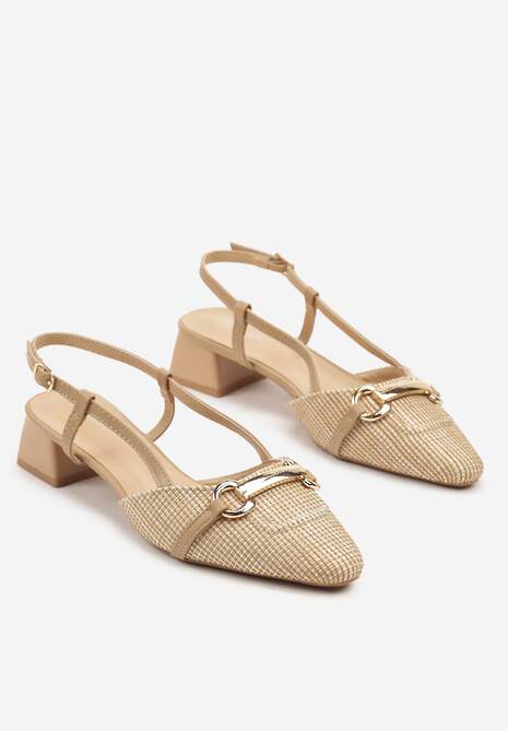 Beżowe Sandały na Słupkowym Obcasie Zdobione Tweedem i Aplikacją Nilioris