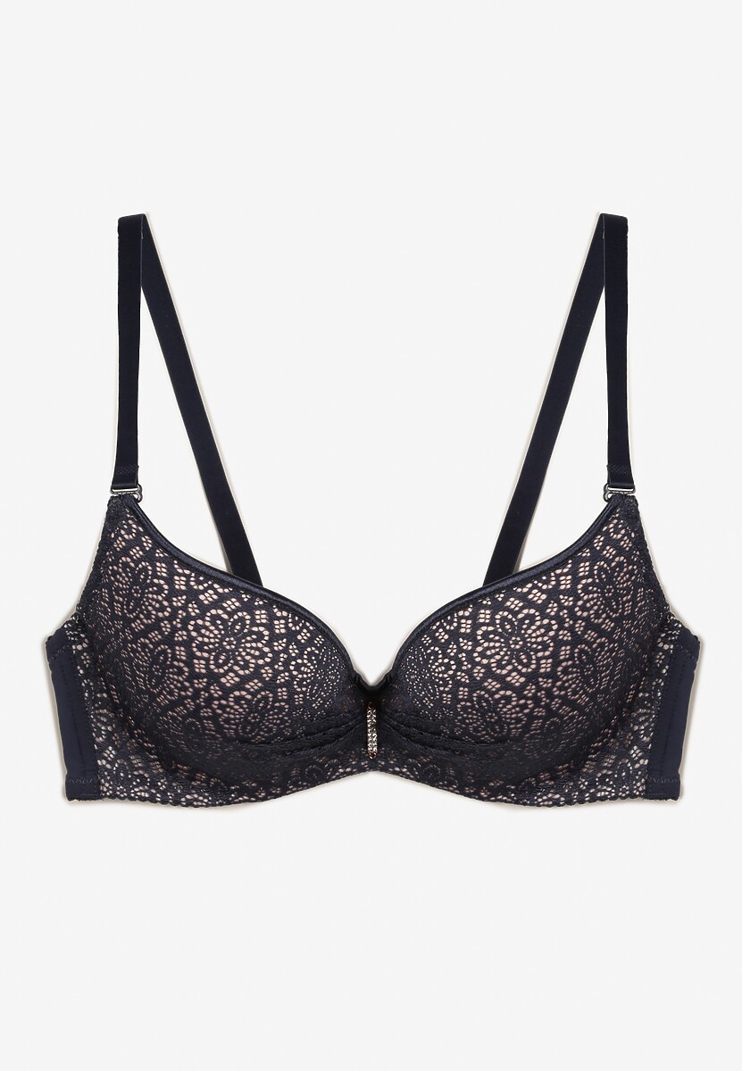 Granatowy Biustonosz  Full Cup Ozdobiony Koronką i Małą Zawieszką z Cyrkonii Nedolse