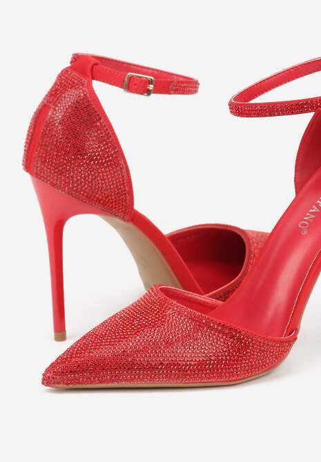 Czerwone Szpilki Zdobione Cyrkoniami i Paskiem z Klamerką Eweda