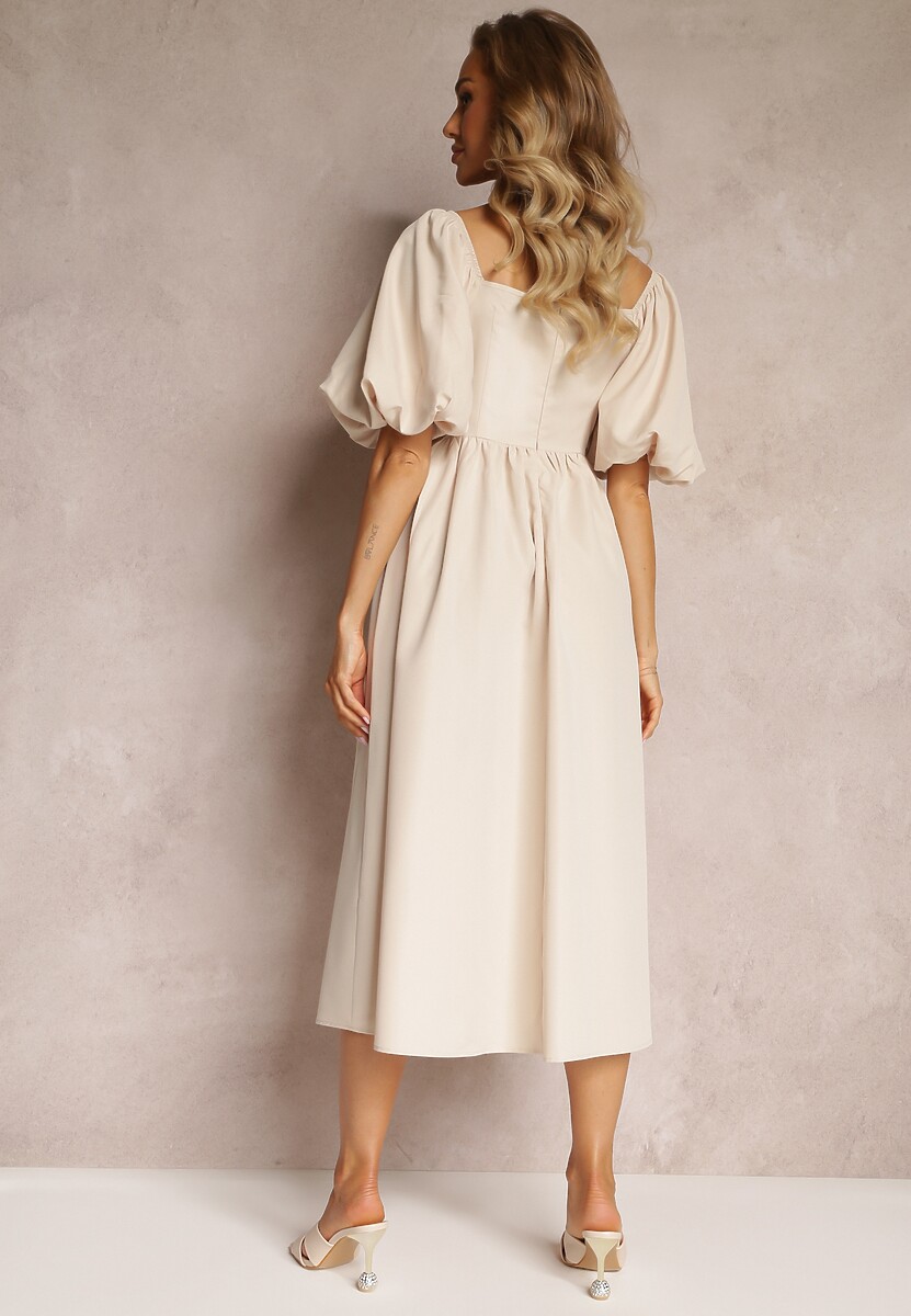 Beżowa Midi Sukienka o Rozkloszowanym Fasonie z Kwadratowym Dekoltem i Bufiastymi Rękawami Briakke