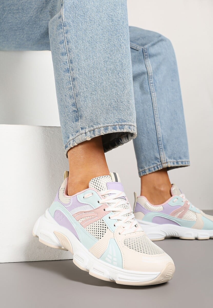 Biało-Fioletowe Streetwearowe Sneakersy ze Wstawkami z Siateczki Deylisse