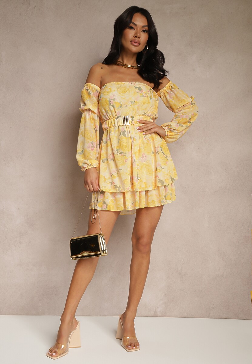 Żółta Sukienka Hiszpanka z Wiskozy w Kwiaty z Paskiem i Falbanami Zelmoi