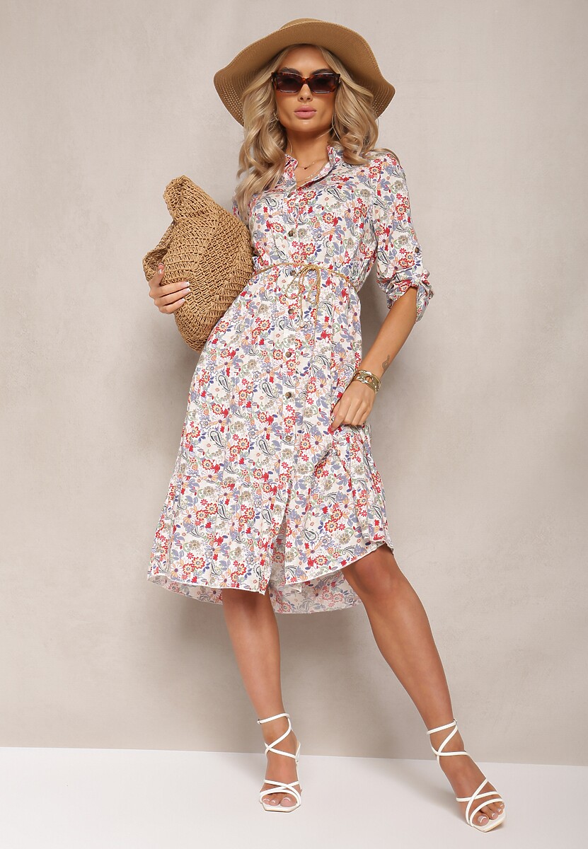 Biało-Różowa Rozkloszowana Sukienka Midi z Bawełny Ozdobiona Kwiatami Menomia