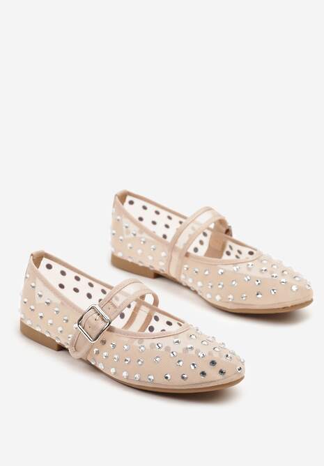 Beżowe Balerinki Ozdobione Cyrkoniami i Przezroczystą Cholewką Ridirissa