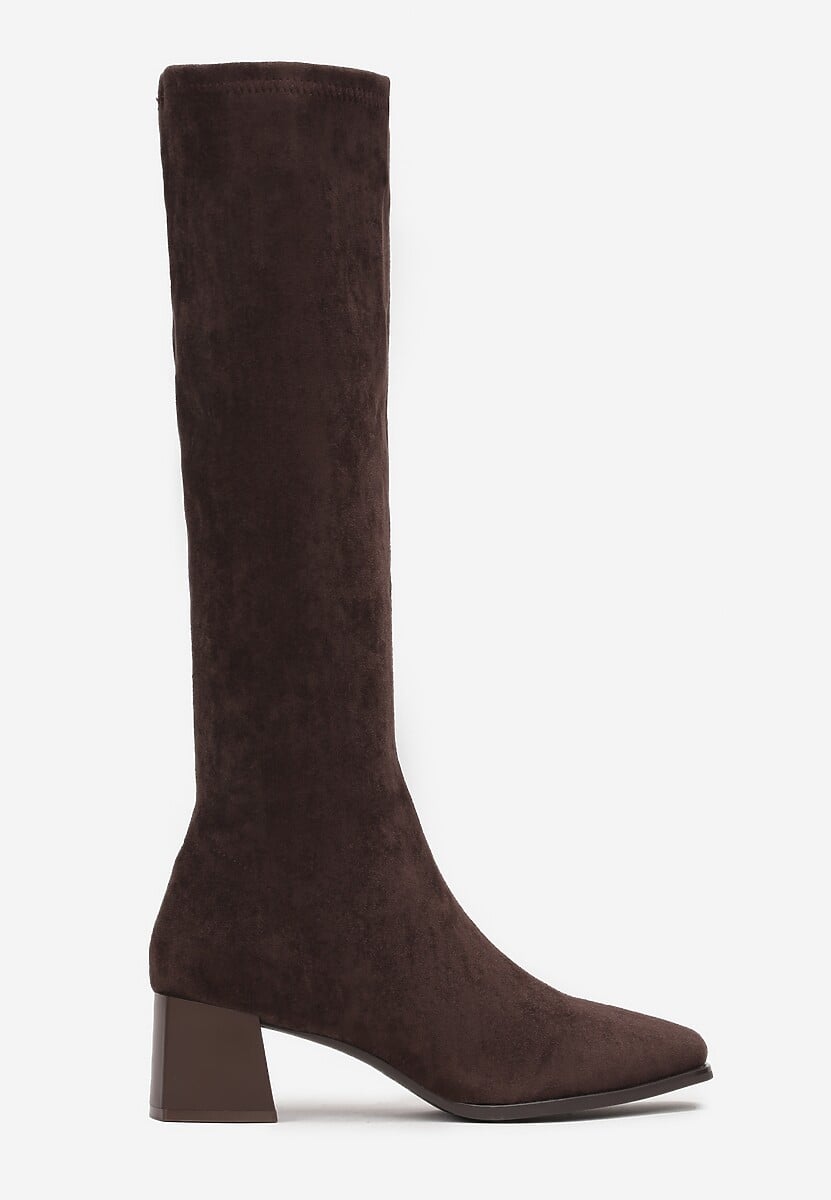 Brązowe Kozaki na Słupku z Imitacji Zamszu Haziela