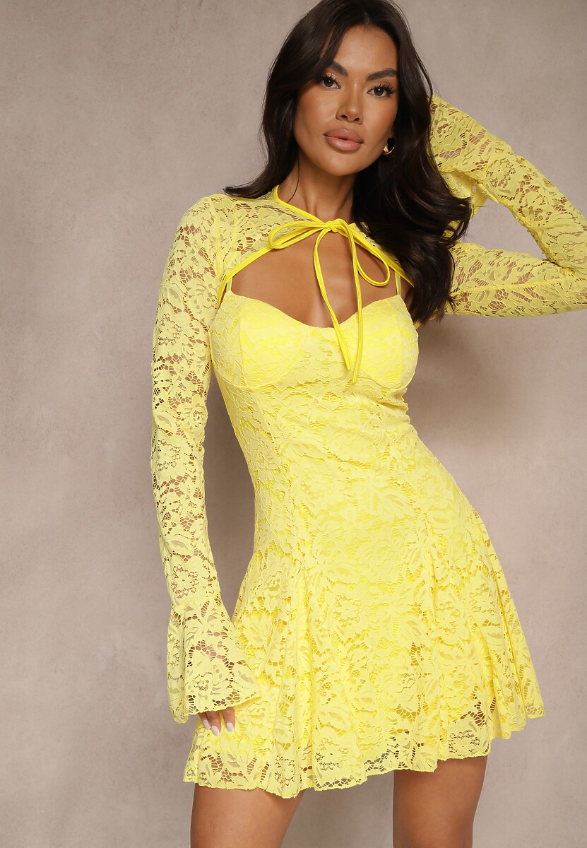 Żółta Koktajlowa Koronkowa Sukienka o Rozkloszowanym Kroju Nelfedi