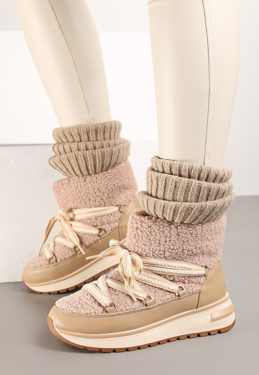 Ciemnobeżowe Futrzane Śniegowce ze Sznurowaniem Temivin