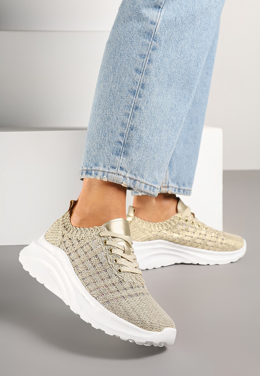 Złote Siateczkowe Sneakersy Ozdobione  Metaliczną Nicią Loreldi