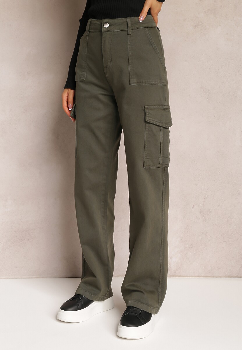 Ciemnozielone Szerokie Jeansy Cargo z Elastycznej Bawełny Ganiaba