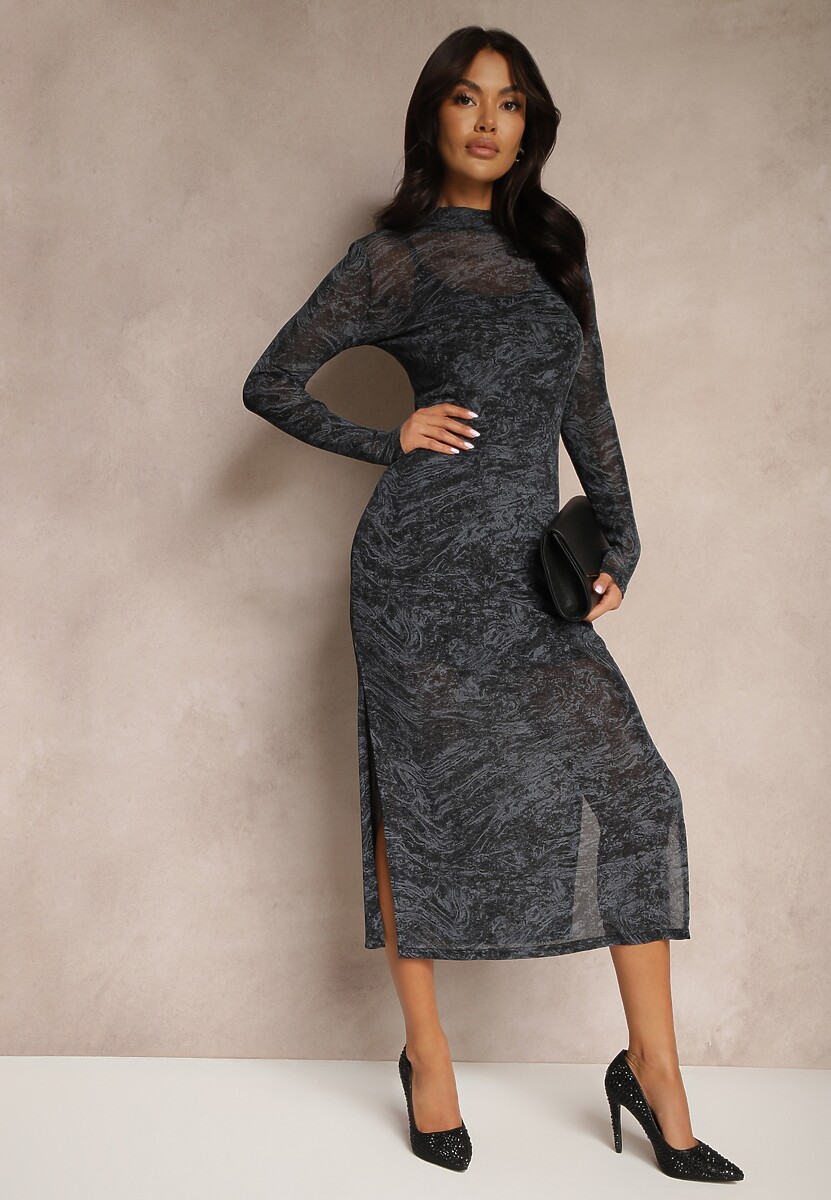 Czarno-Szara Dopasowana Sukienka z Siateczki z Wiskozą Zdobiona Rozcięciami z Halką Distaria