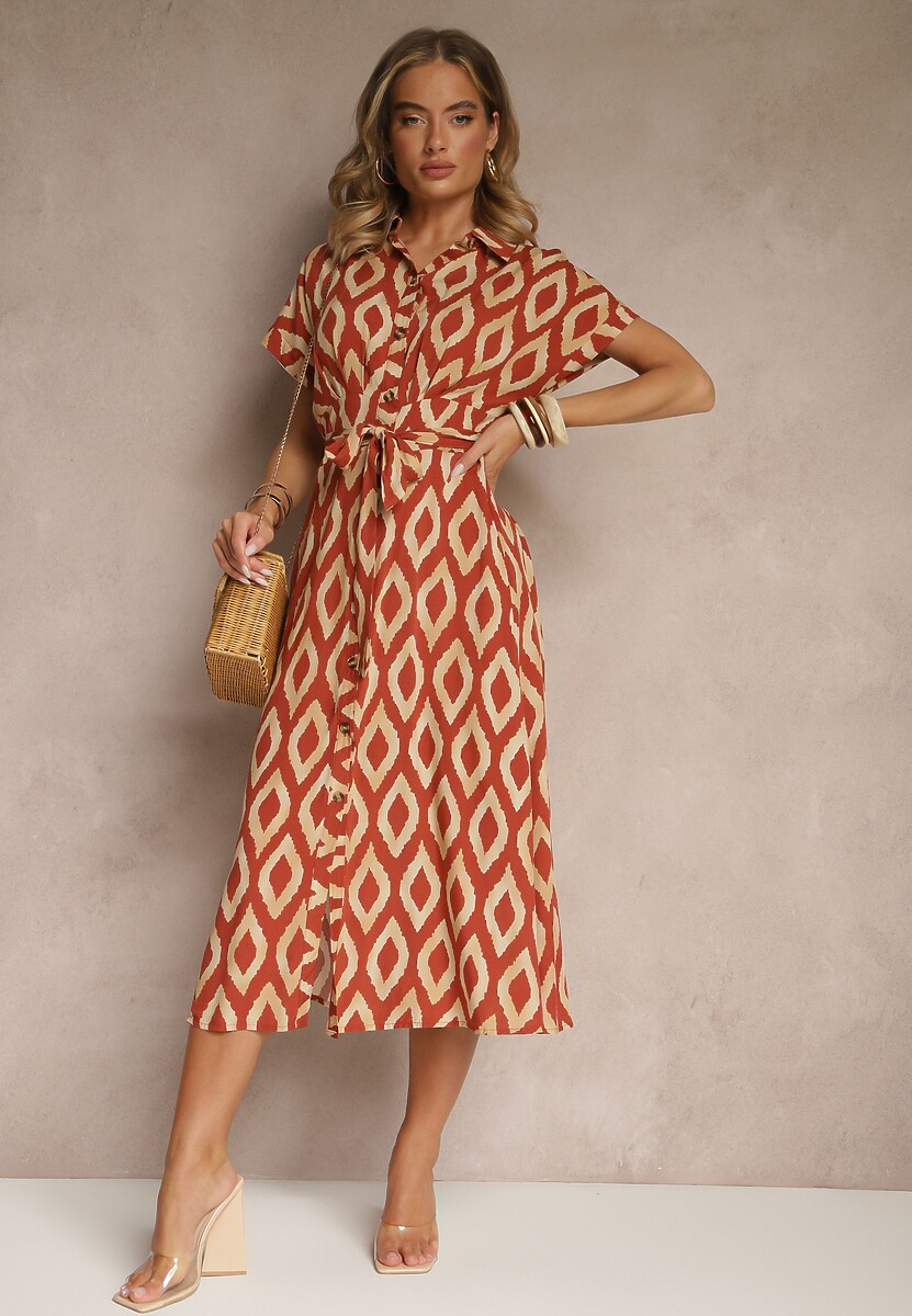 Pomarańczowa Koszulowa Sukienka z Wiskozy Ozdobiona Geometrycznym Motywem  Ralomia
