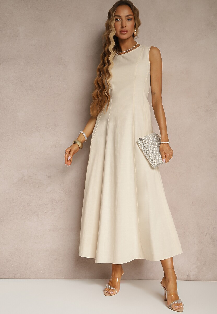 Jasnobeżowa Sukienka z Wiskozą o Rozkloszowanym Kroju Bez Rękawów Barneria
