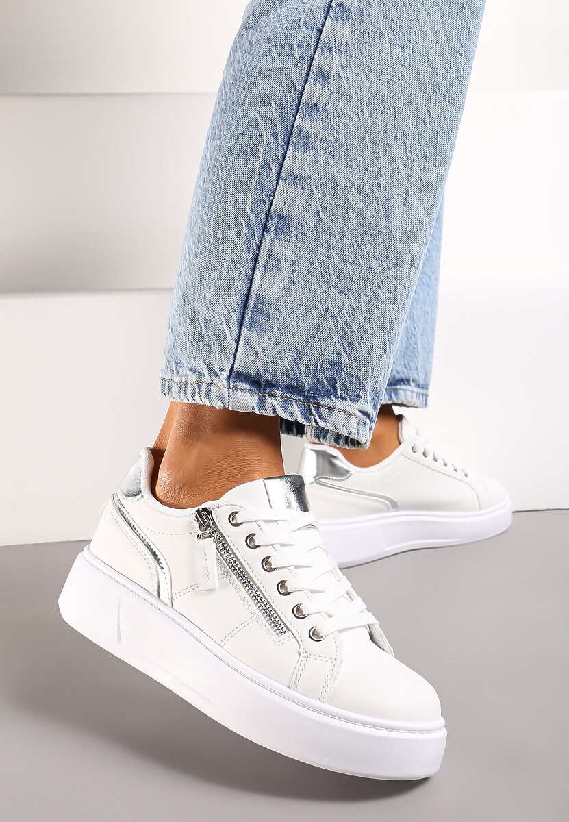 Białe Sneakersy z Ozdobnym Suwakiem i Platformą Iolanna