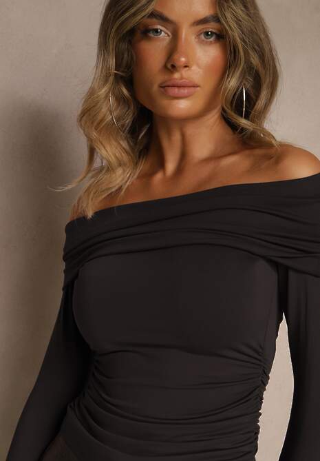 Czarna Marszczona Bluzka Hiszpanka Vices z Wywiniętym Dekoltem Termola