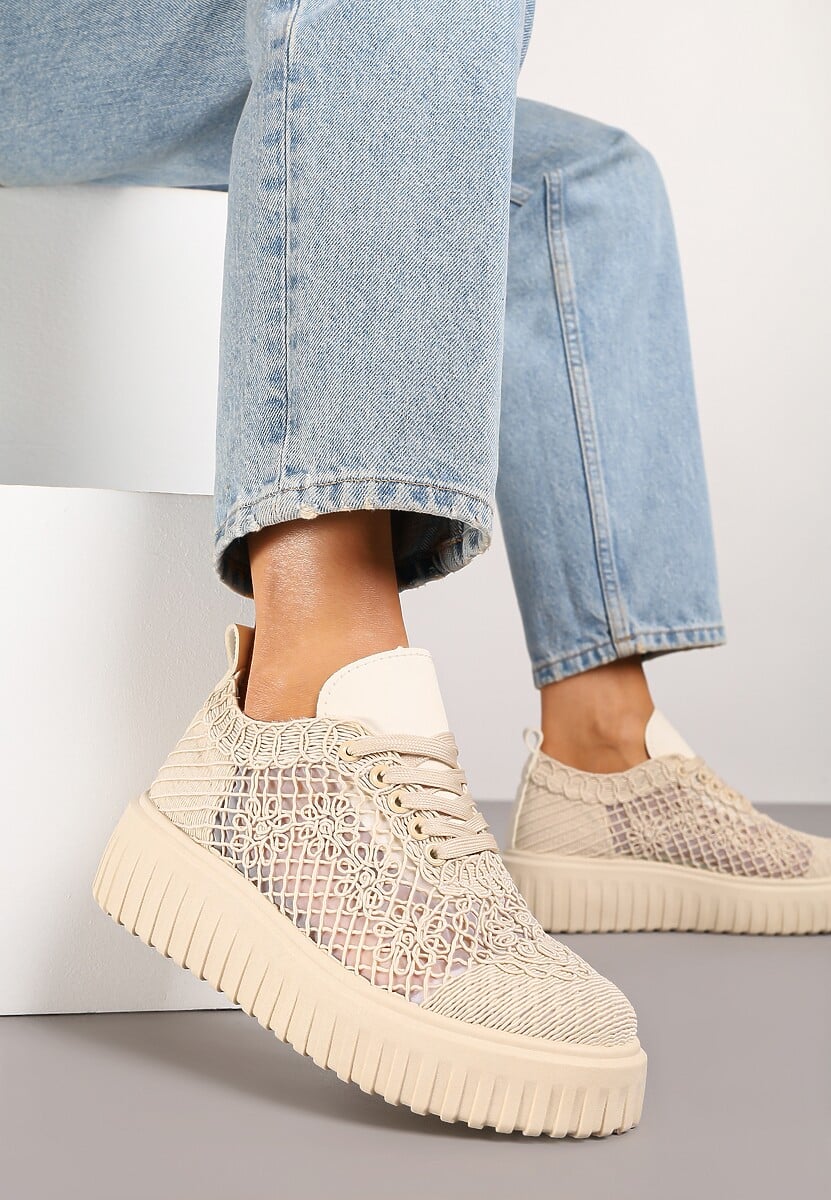 Beżowe Sneakersy Vices na Platformie z Ażurową Cholewką Lumerise